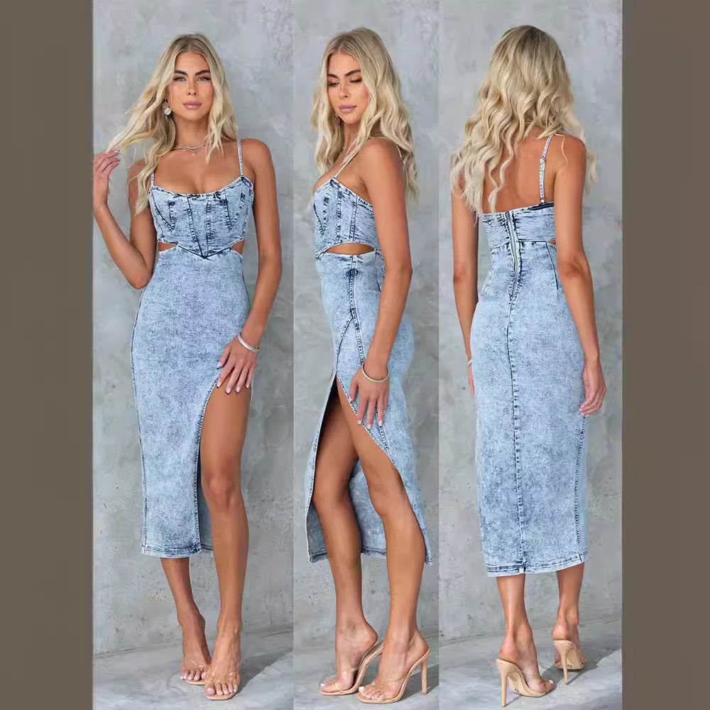 Women's Fashion Personalized Sleeveless Sling Denim Split Midi fitted Dress