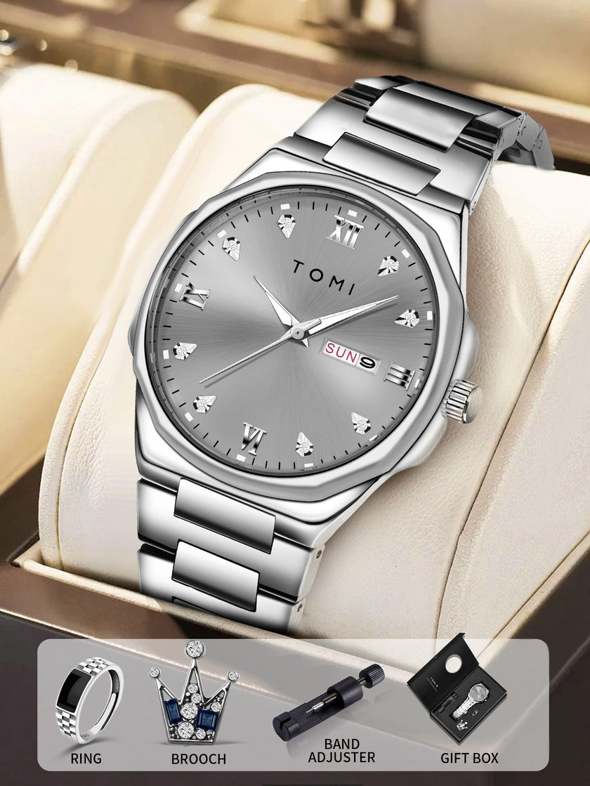TOMI Diamond Encrusted Quartz Watch for Men – Stainless Steel Dress Watch