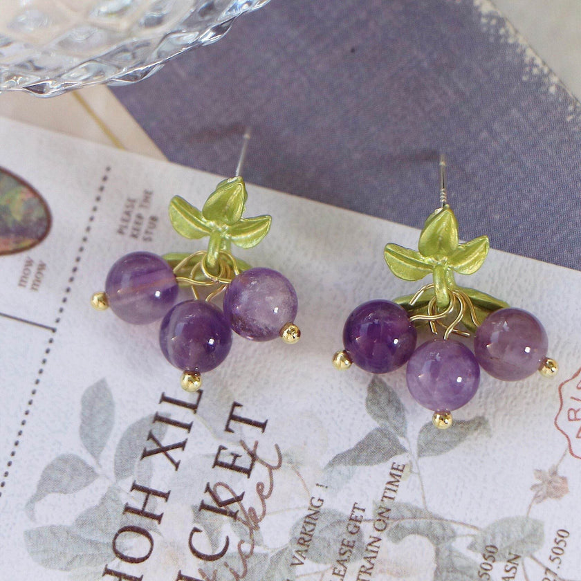 Female Purple Blueberry Fruit Beaded Earrings
