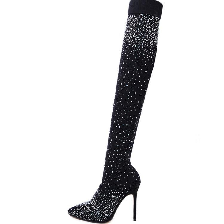 Women's Over-the-Knee Stiletto Boots – Pointed Toe Sparkle Mesh Sock Thigh High Heels