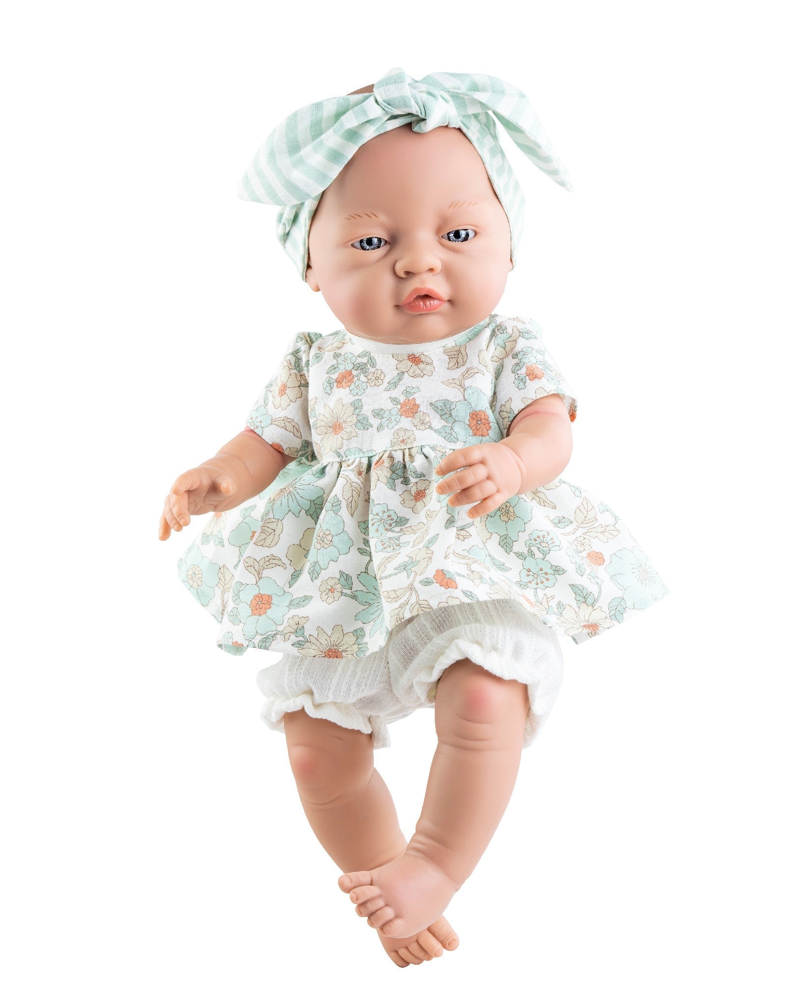 Los Bebitos Doll - Baby Girl with Turquoise Floral Dress and Striped Headband - Paola Reina