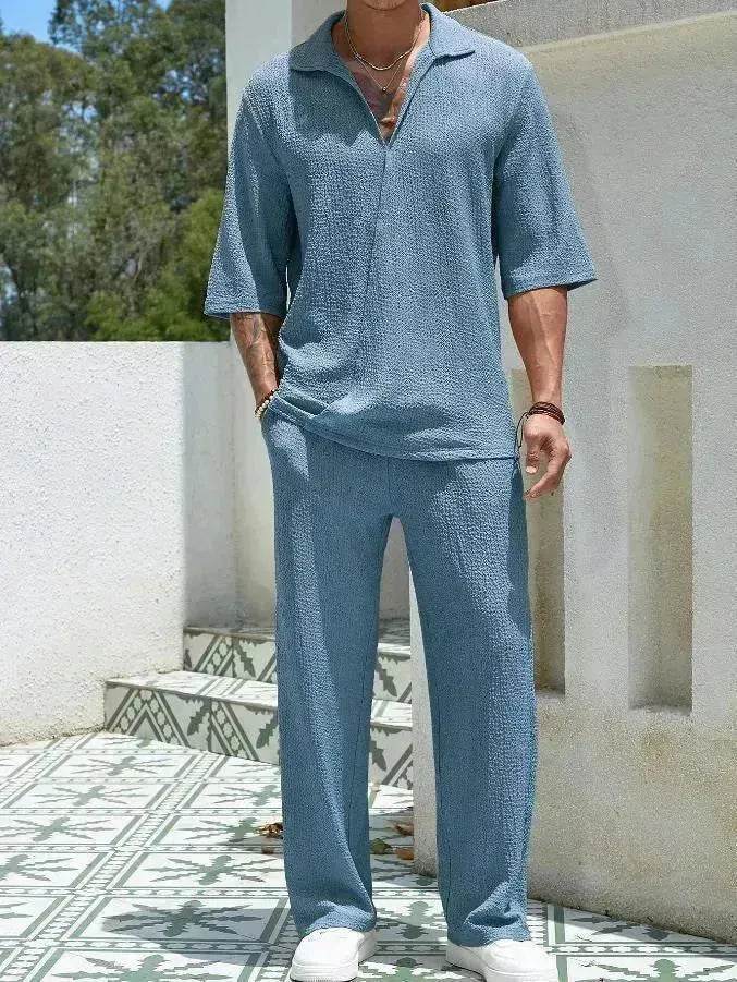Men's Casual summer 2 piece Pant sets Short sleeved Top and Straight leg pant