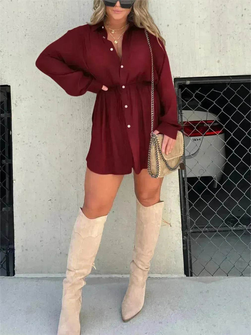Elegant Women's Long Sleeve  Button down Shirt Dress  Fashionable Short Outfit Set Two piece Suit  Set