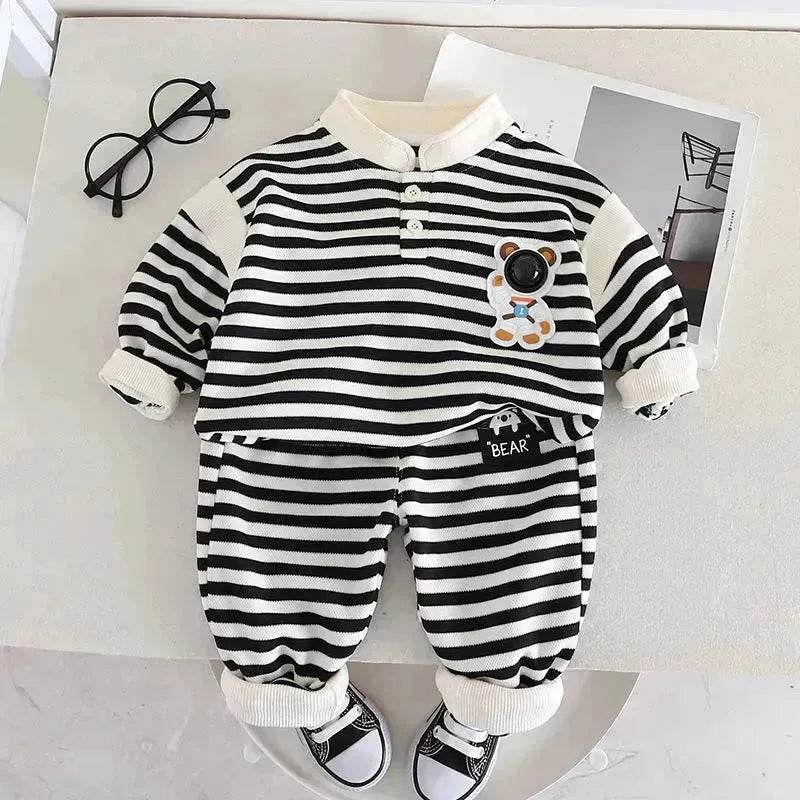 Casual Letter Stripes Loose Round Neck Boys' Long Sleeve Sweater Suit Two piece for boys