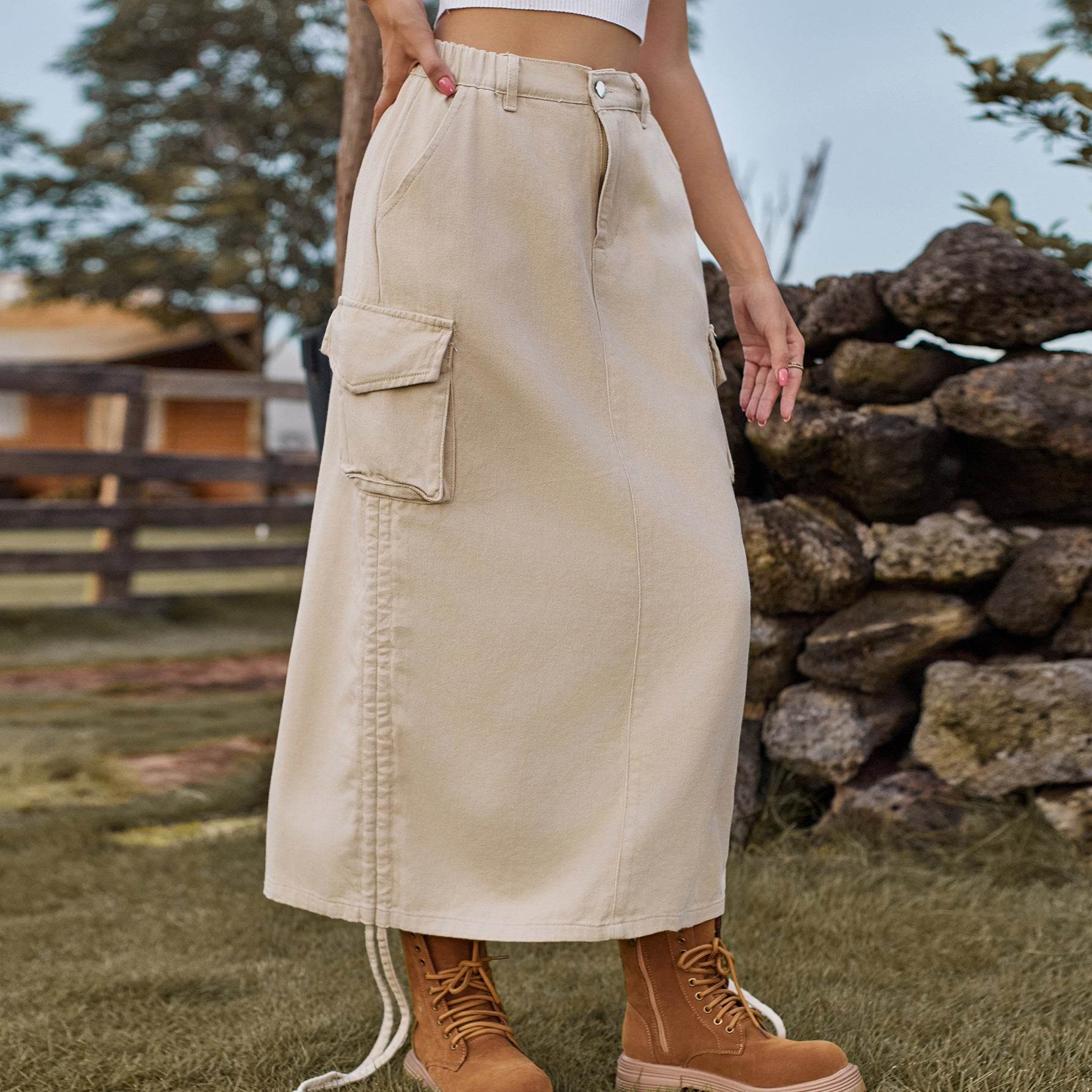 American-style Casual Denim Drawstring Midi Cargo Skirt