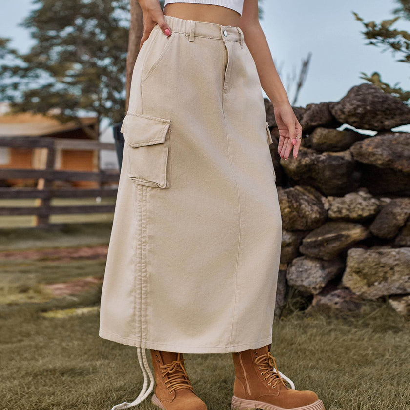 American-style Casual Denim Drawstring Midi Cargo Skirt
