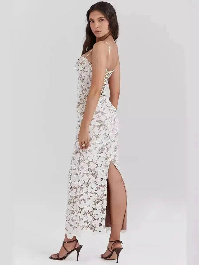 White Lace Wedding Dinner Party Cocktail Bodycon Spaghetti Strap Split Long Dress