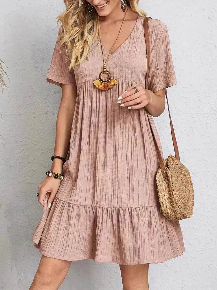 Summer Beach  V-neck Dresses Women's Loose Casual Short-sleeved Loose Skater Dress for Chic Ladies