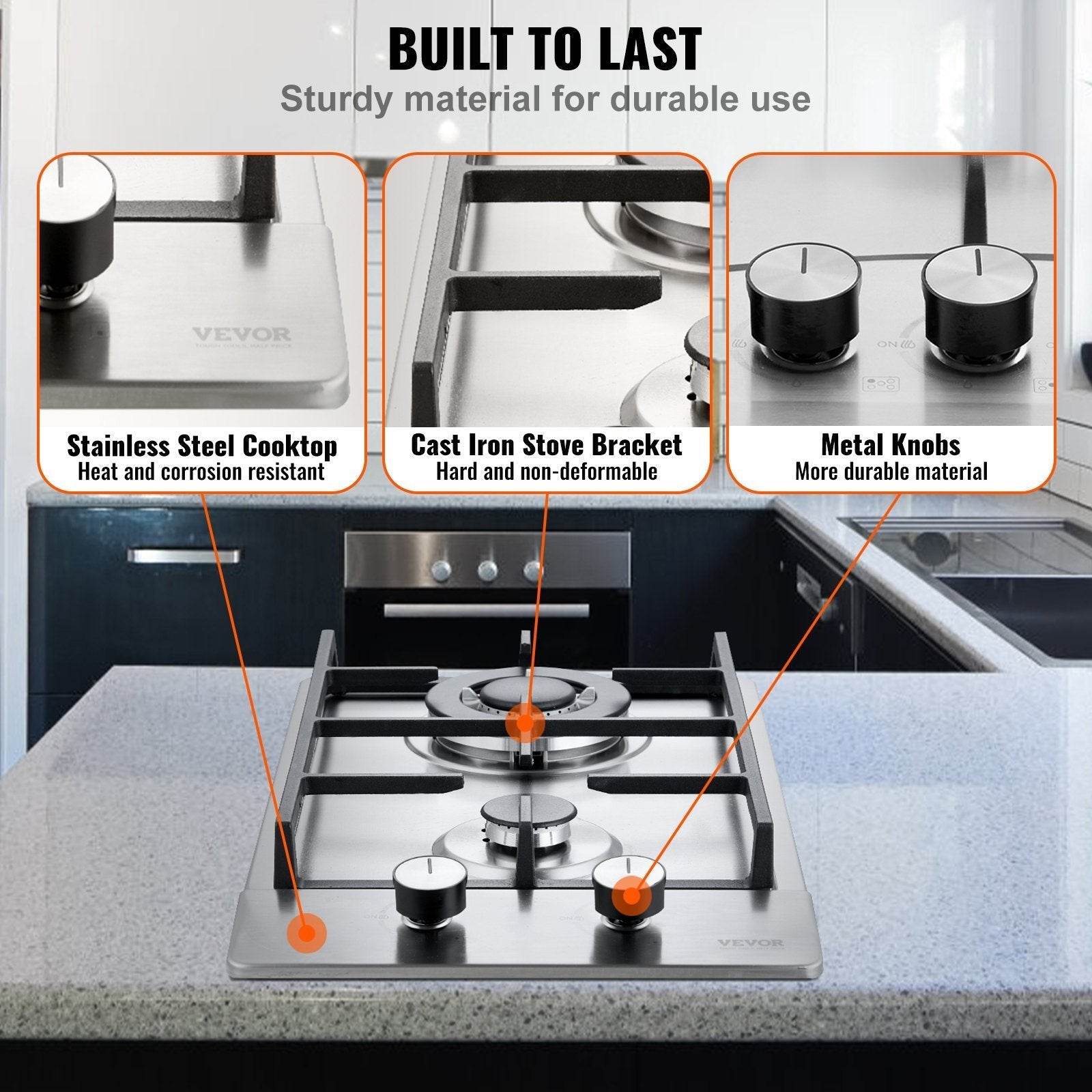 Gas Cooktop 12 Inch, Max 12250BTU 2 Burners Built-in Stainless Steel Gas Stove Top, LPG NG Convertible Dual Fuel Natural Gas Hob With Thermocouple Protection