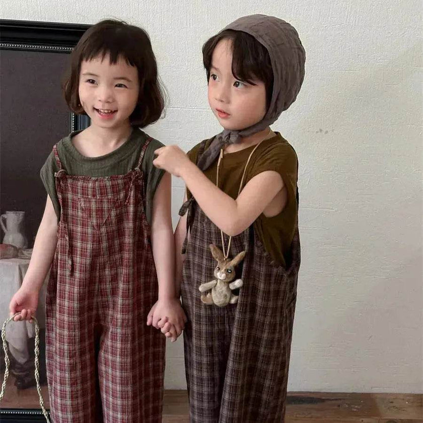 Summer Children's Plaid Overalls boy And girl Baby Unisex Mori Style Retro Jumpsuit Straight-leg Pants