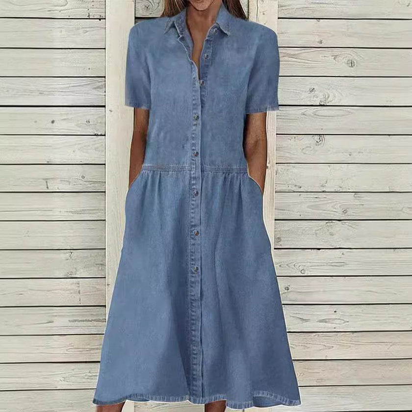 Women's European And American Lapel Casual loose button down Midi Denim jeans Mum Dress