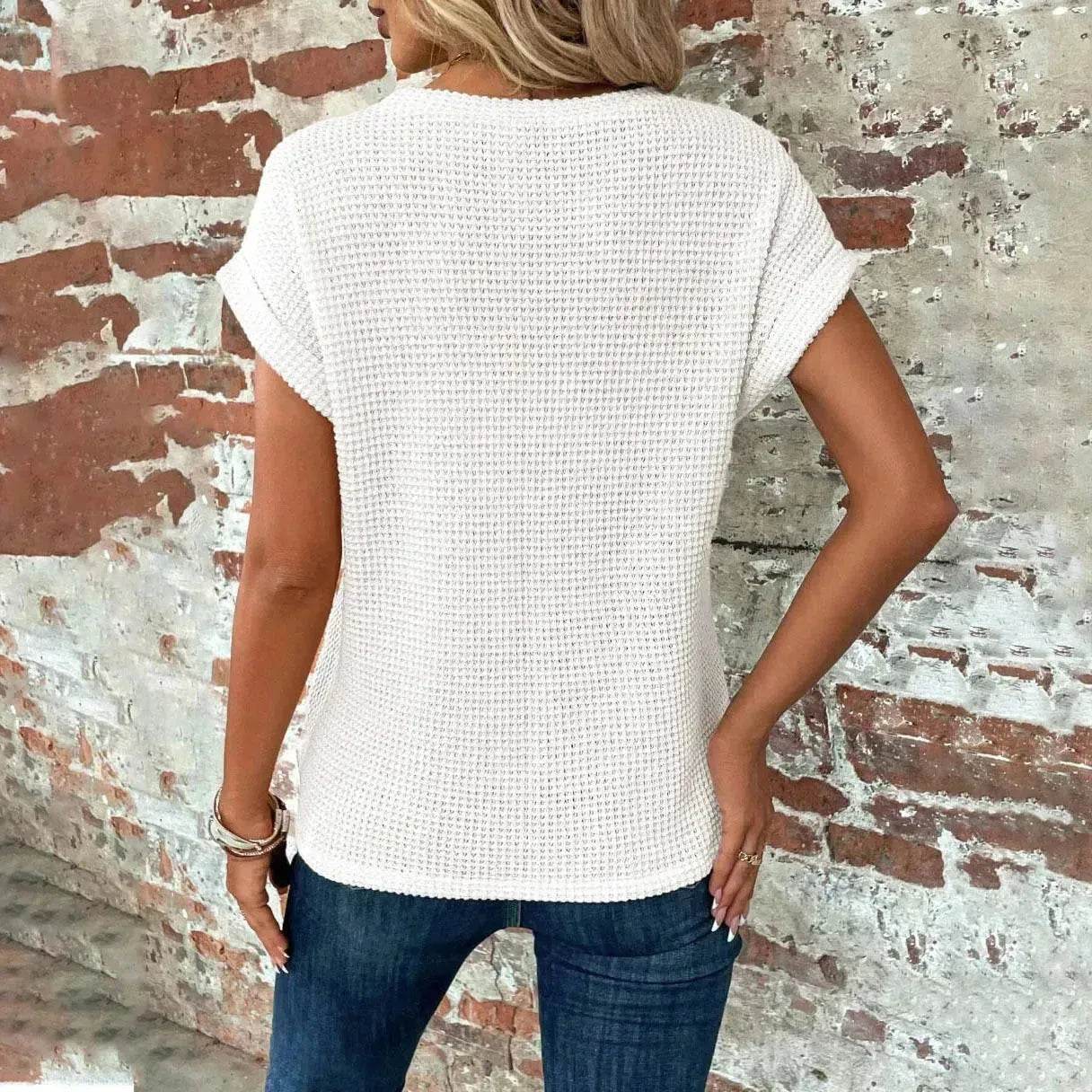 Casual Summer Short-sleeved Waffle blouse Top Summer New Solid Color Casual Evening Top For Women