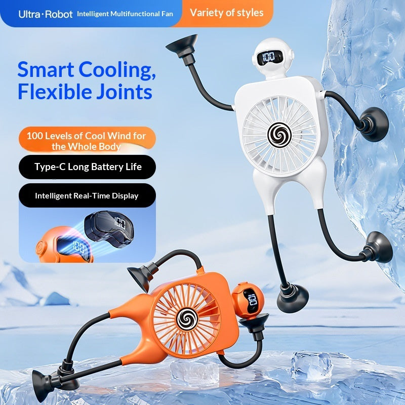 Robot USB Rechargeable Desk Fan with Suction Cup & Digital Display – 100-Speed Portable Cooling Fan