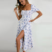 Women's Square-Neck Floral Puff Sleeve Dress – Drawstring Split Midi Dress