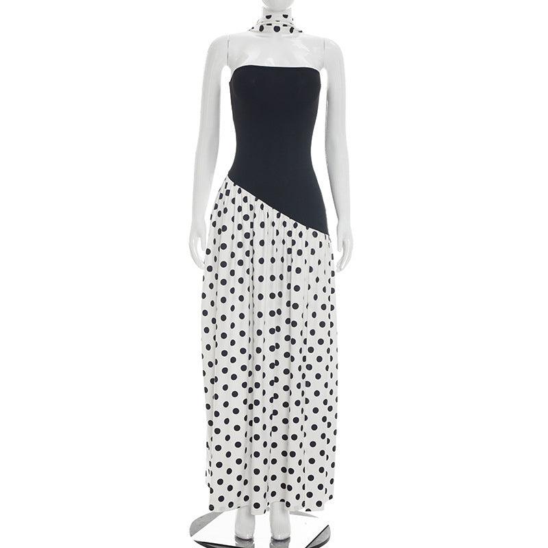 Women's Polka-Dot Halterneck Slip Dress | High Slit, Ribbon Tie, Summer Maxi