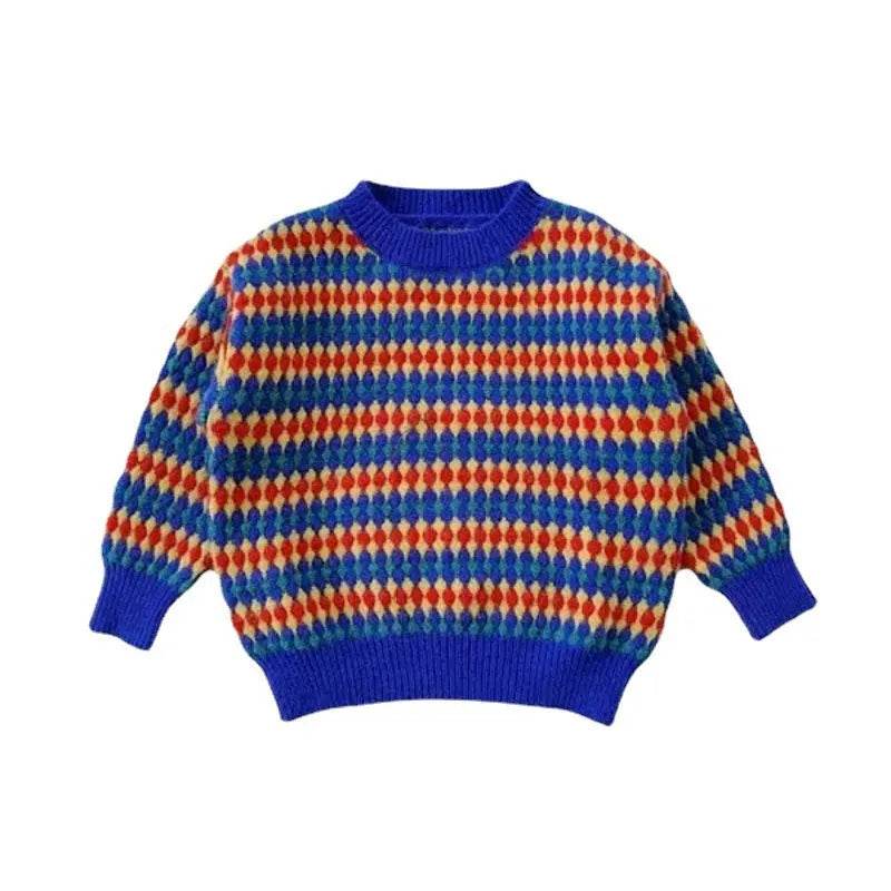 Kids Rainbow Stripe Pullover Sweater, Round Neck Knit Top