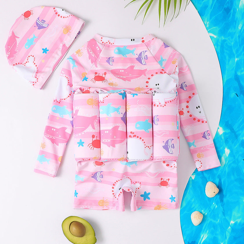 Kids One-Piece Buoyancy Swimsuit with Hat – Boys & Girls Long Sleeve UV Protection Swimwear