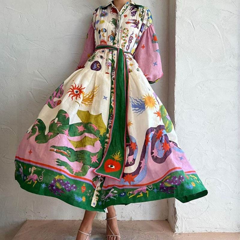 Floral Print Beach Dress – Women's Lantern Sleeve A-Line Midi Dress