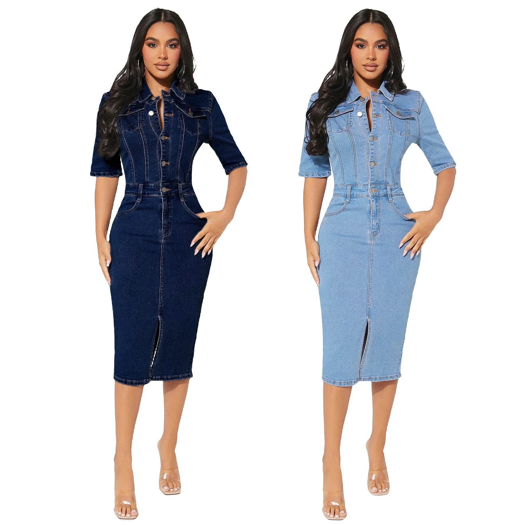 Women's Fashion Personality fitted Denim Hip-wrapped Jeans Midi straight cut front split Dress