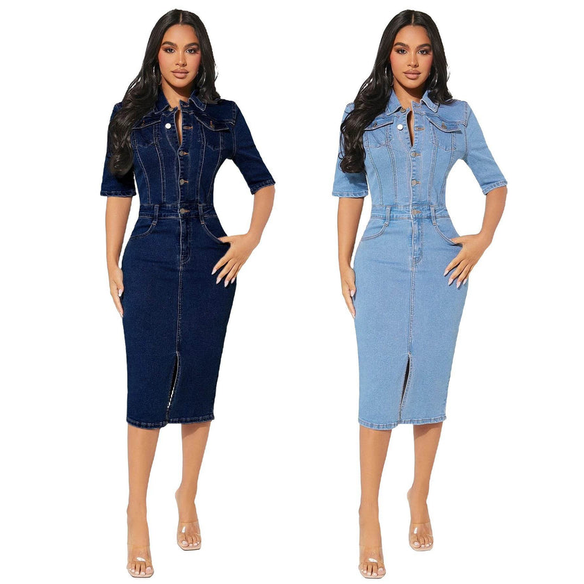 Women's Fashion Personality fitted Denim Hip-wrapped Jeans Midi straight cut front split Dress