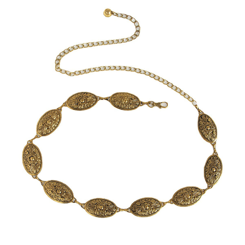 Women's Carved Vintage Metal Waist Chain – Engraved Retro Body Chain Silver Gold