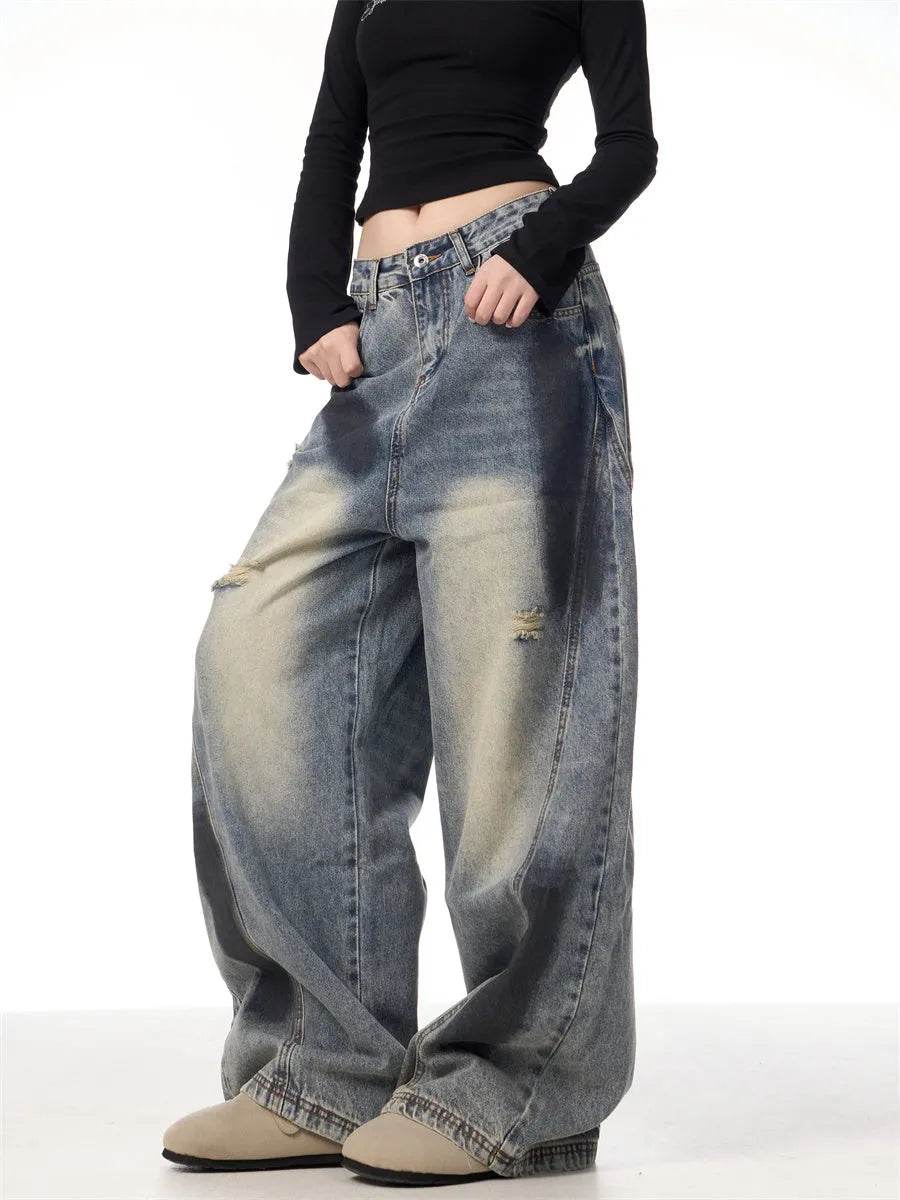 Splash Ink Ripped Machete Baggy Jeans Pant For Women Loose-fitting Wide-leg Trousers
