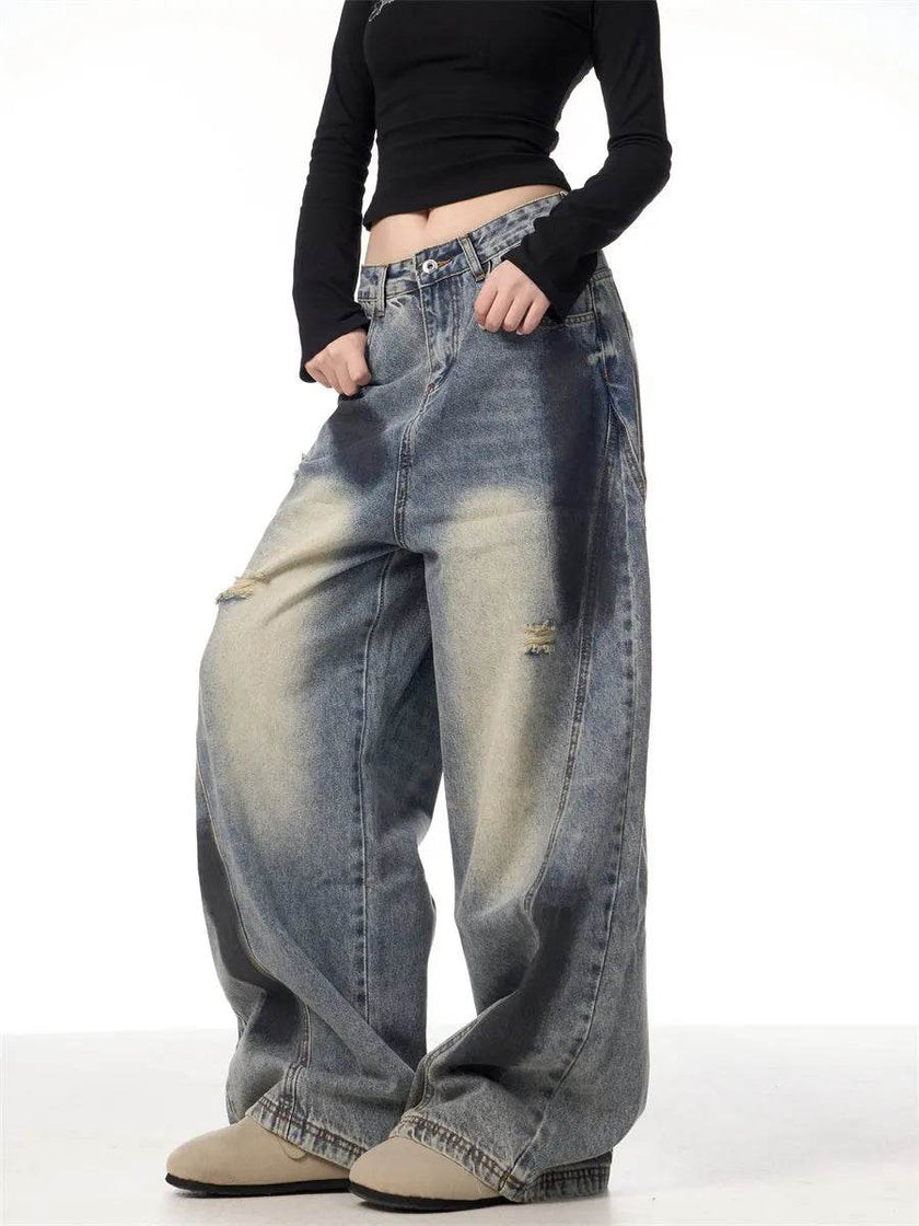 Splash Ink Ripped Machete Baggy Jeans Pant For Women Loose-fitting Wide-leg Trousers