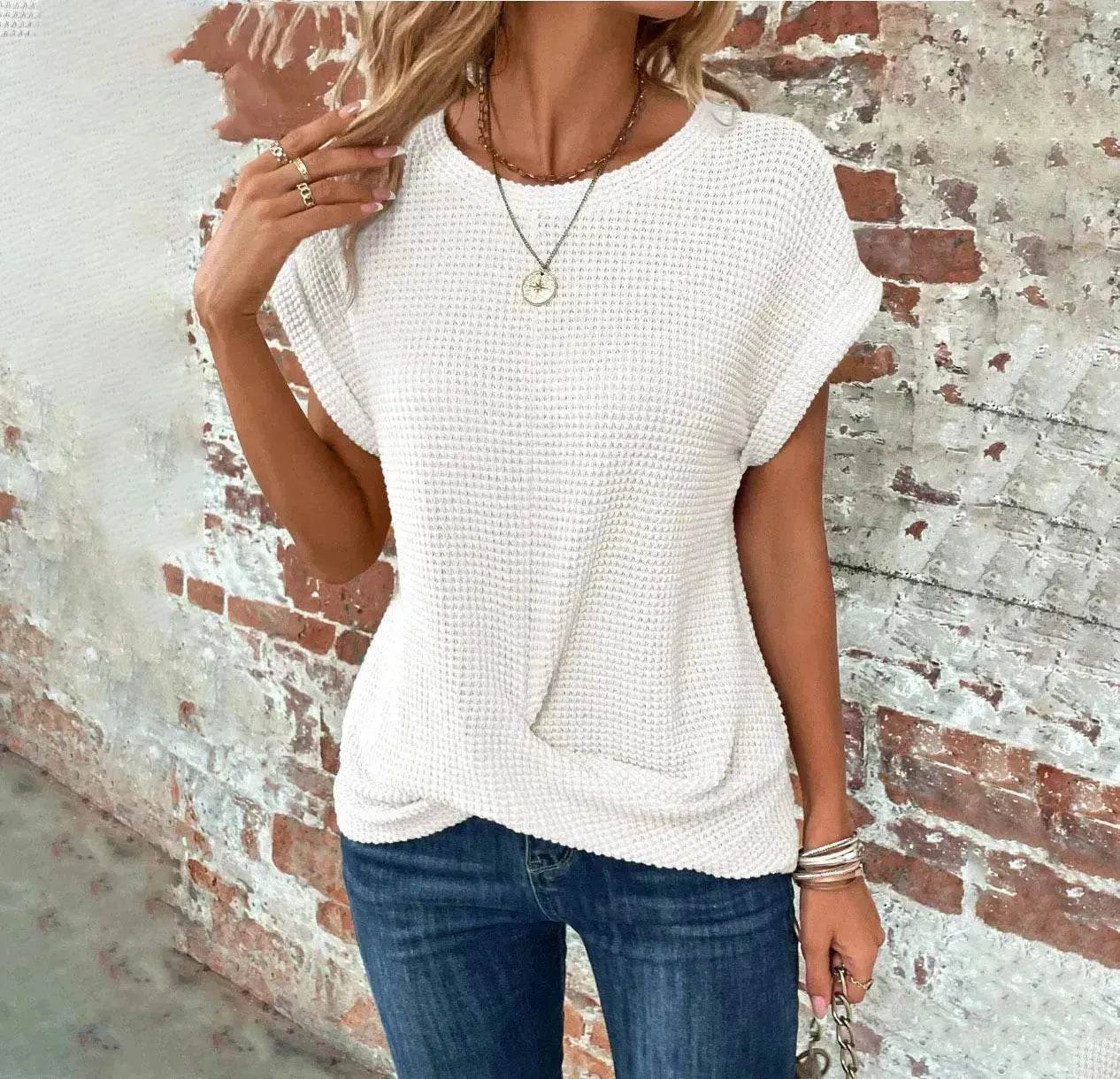 Casual Summer Short-sleeved Waffle blouse Top Summer New Solid Color Casual Evening Top For Women