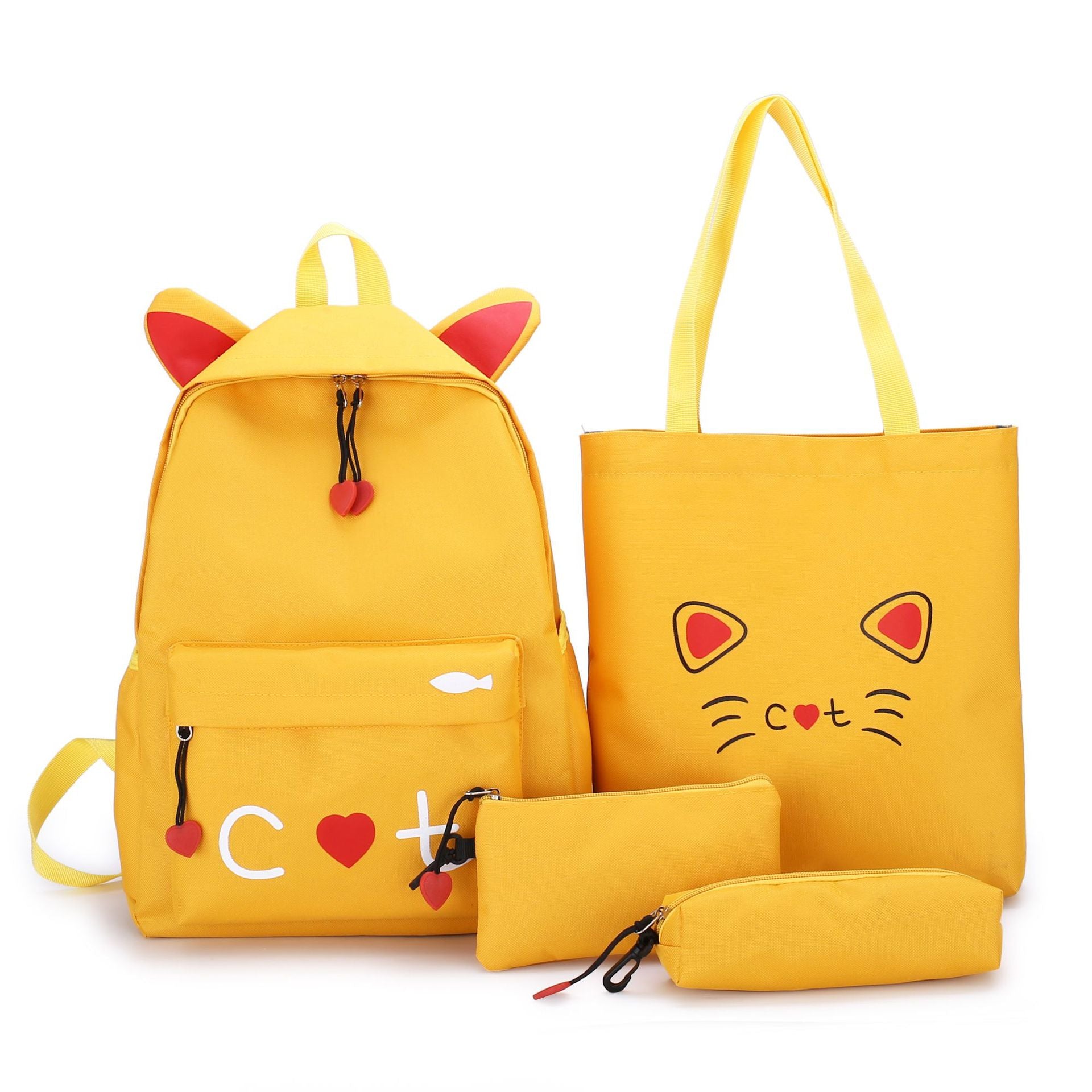 Cat Print 4-Piece Canvas School Backpack Set – Girls' Back-to-School Bag (Yellow, Grey, Black, Pink)