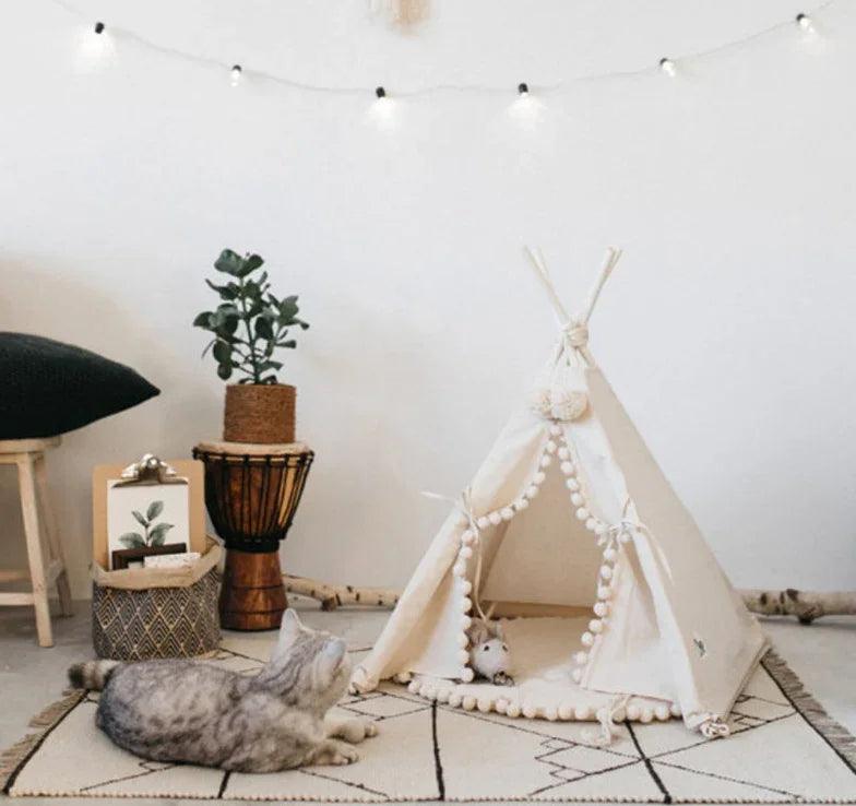 Boho Canvas Pet Teepee Tent Bed – Cat & Dog Tipi House | S, M, L