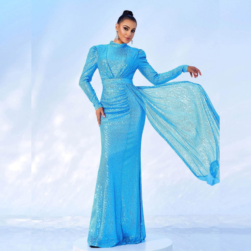 Long Sleeve Round Neck Slim Long Sequined Banquet Dress