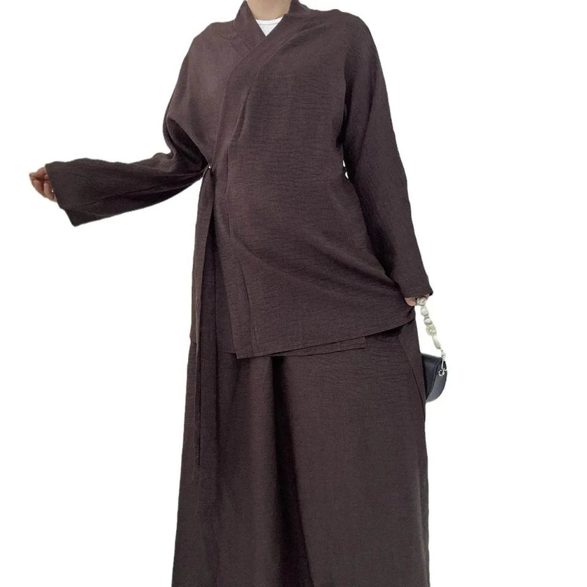 Plain Color Casual Lace Up Middle East Dubai Top And Skirt Suit Eid Abaya Jilbab Hijab Abaya for ArabWomen