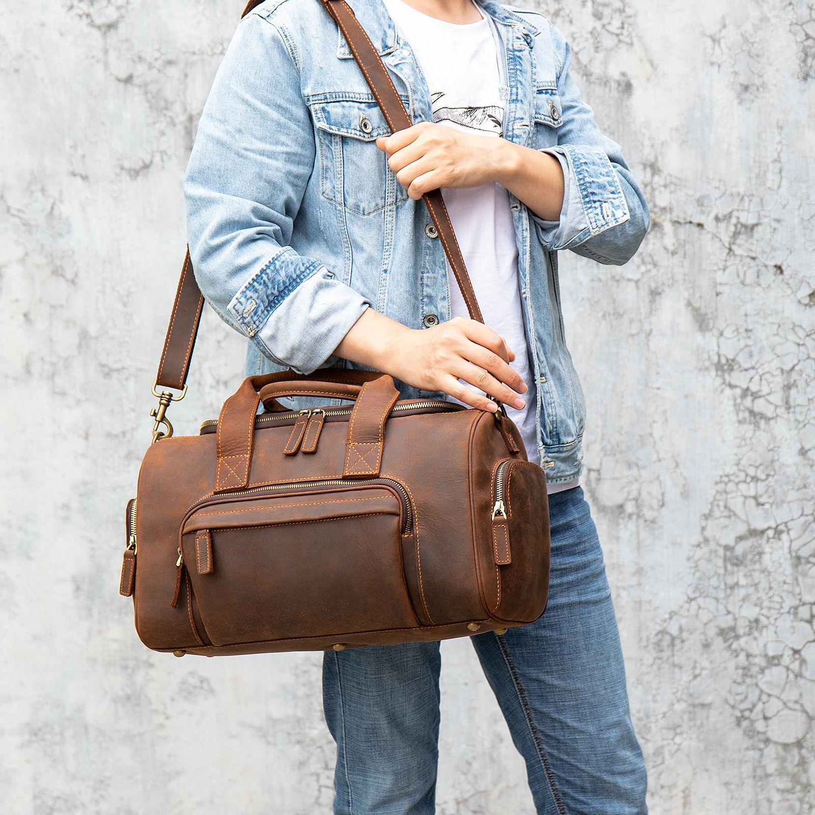 🧳 Vintage Leather Travel Duffel Bag – European Retro Weekend Luggage