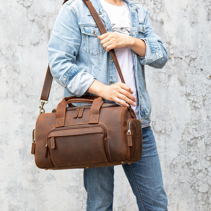 🧳 Vintage Leather Travel Duffel Bag – European Retro Weekend Luggage