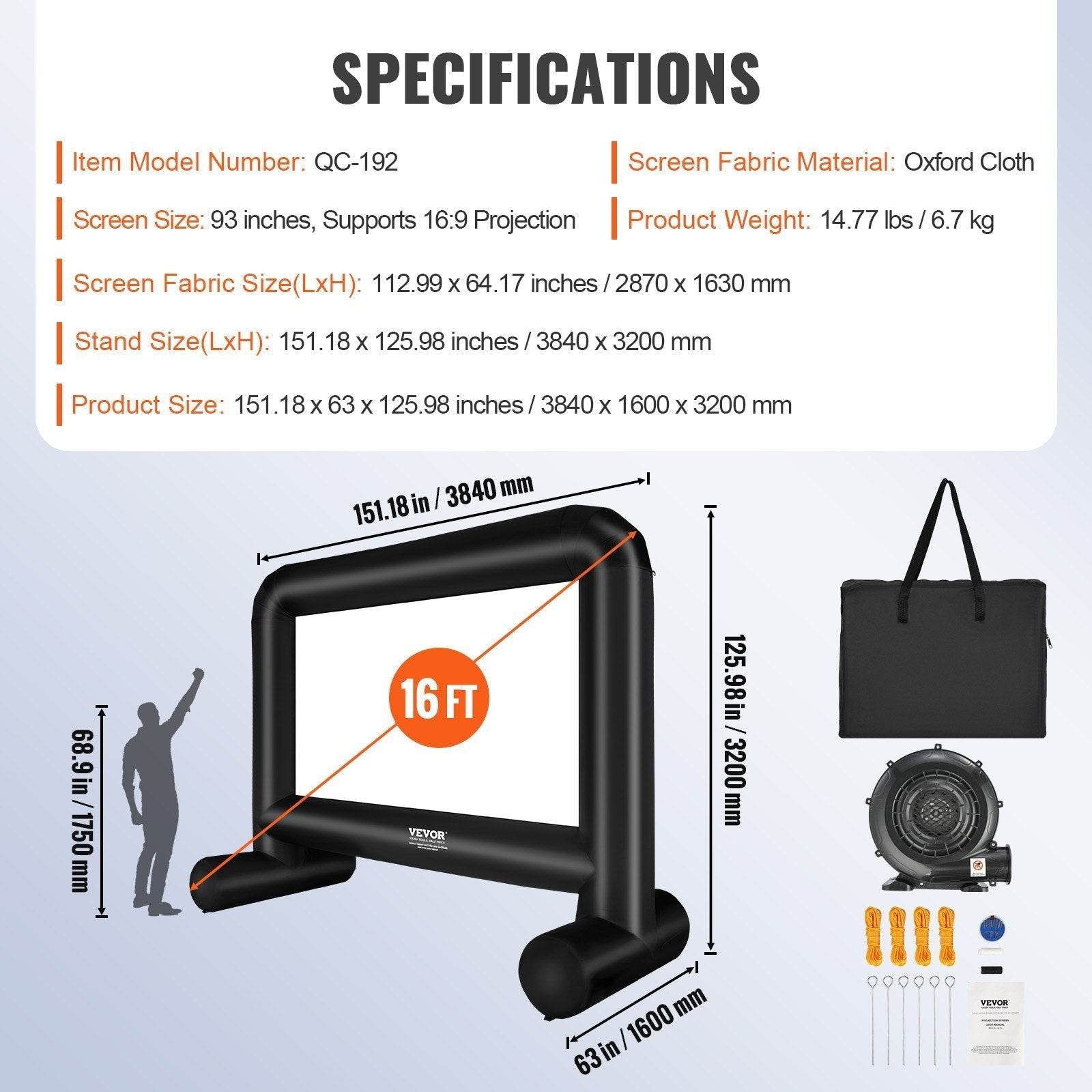 Inflatable Movie Screen, 16 FT Inflatable Projector Screen For Outside With Blower And Carrying Bag, Front Rear Projection, Oxford Fabric Blow Up Screen For Outdoor Parties Backyard Movie Nig
