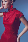 Glittery Mock Collar Bodysuit - Red