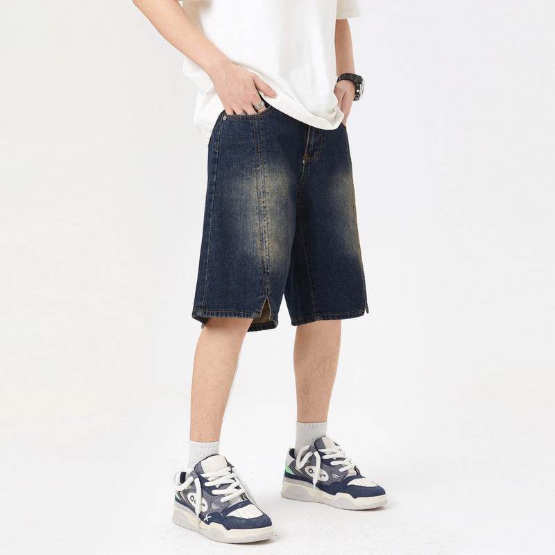 American-style Retro Washed Split Design Denim Shorts For Men Jeans