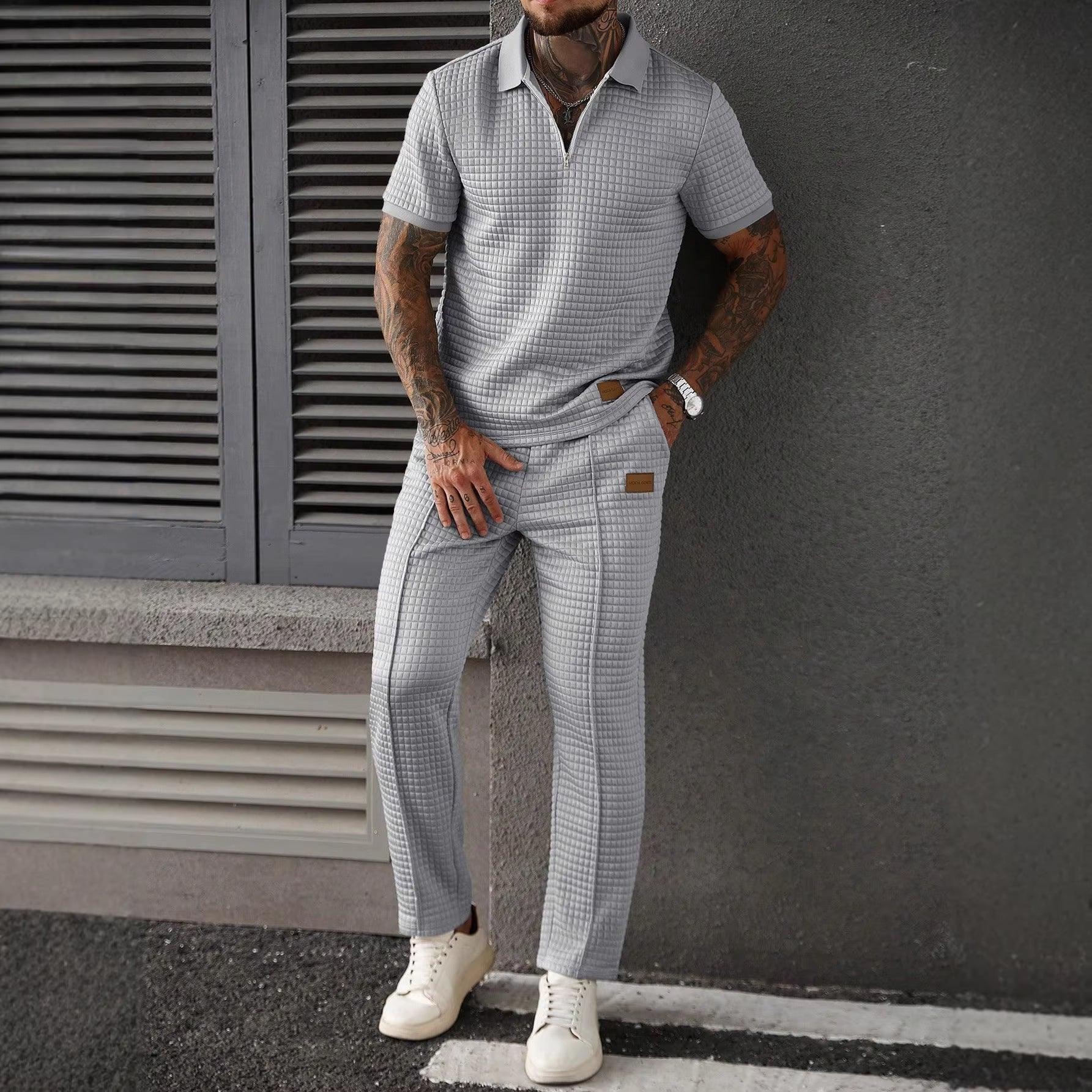Men's Zip-Up Polo Shirt and Pants Two-Piece Set