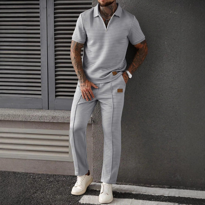 Men's Zip-Up Polo Shirt and Pants Two-Piece Set