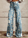 Graphic Printed Pants for Women – Stretch Denim Look Casual Trousers