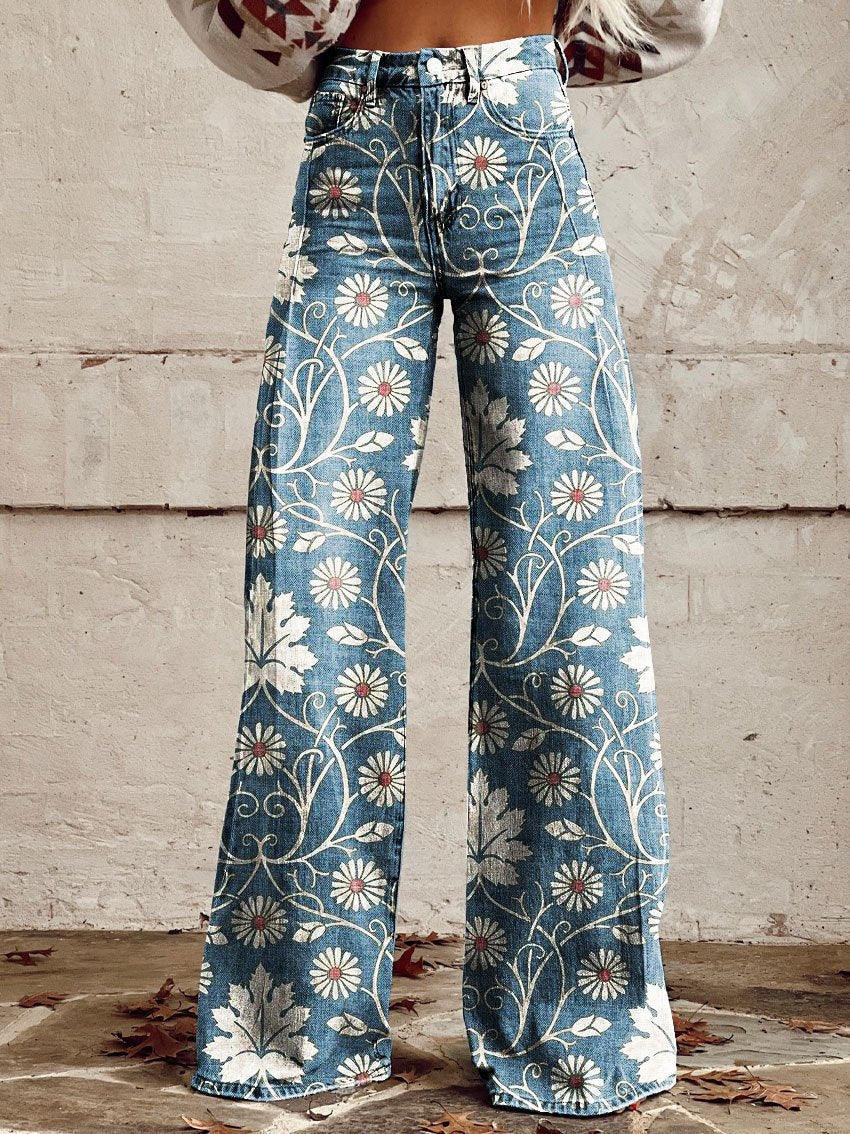 Graphic Printed Pants for Women – Stretch Denim Look Casual Trousers