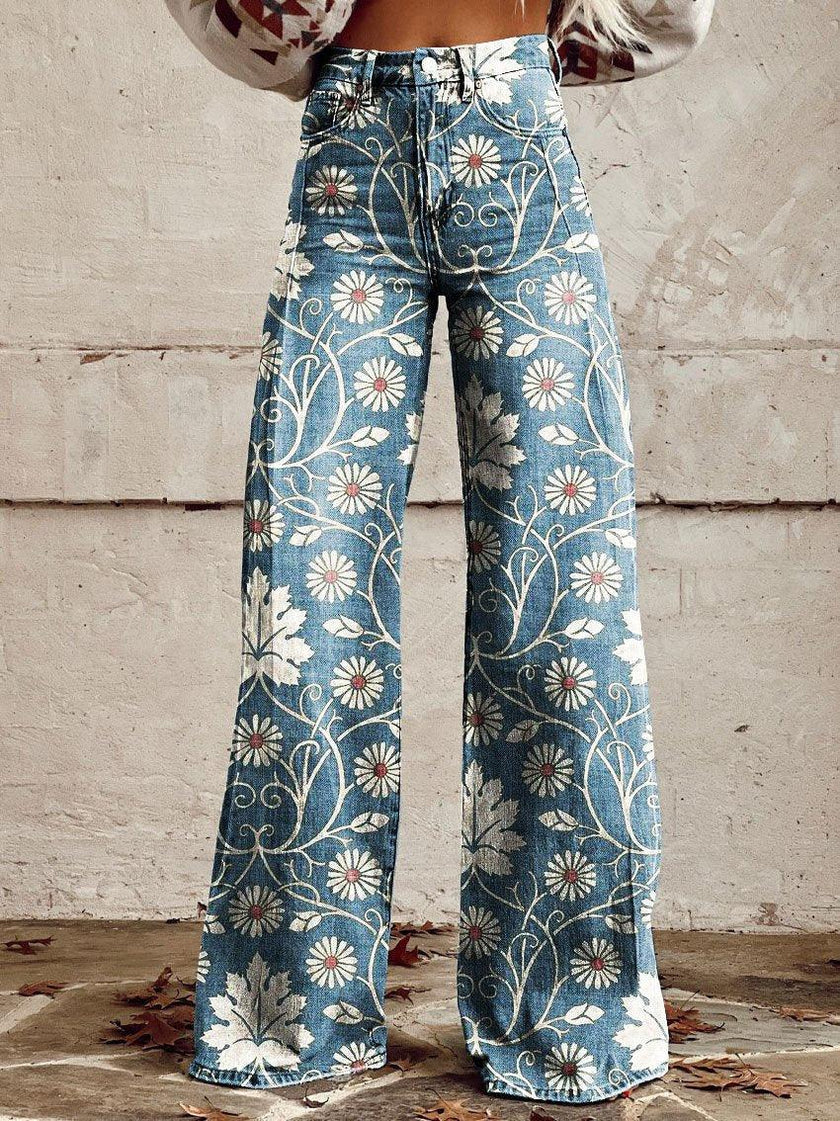 Graphic Printed Pants for Women – Stretch Denim Look Casual Trousers
