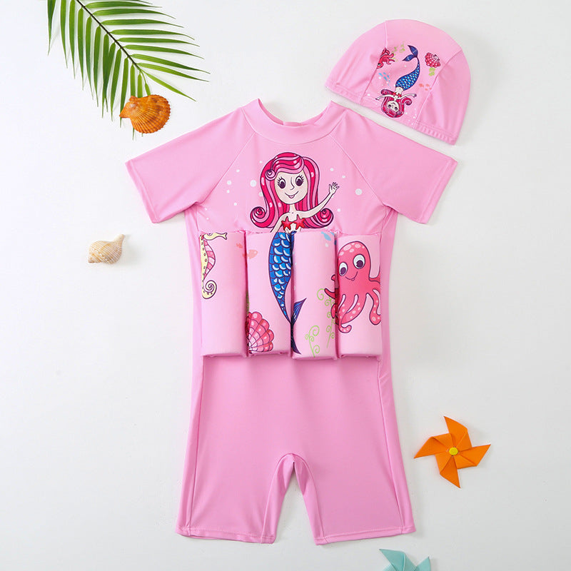Kids One-Piece Buoyancy Swimsuit with Hat – Boys & Girls Long Sleeve UV Protection Swimwear