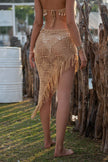 European And American Women's See Through Hollow Knitted tassel fringe Slant Beach Skirt