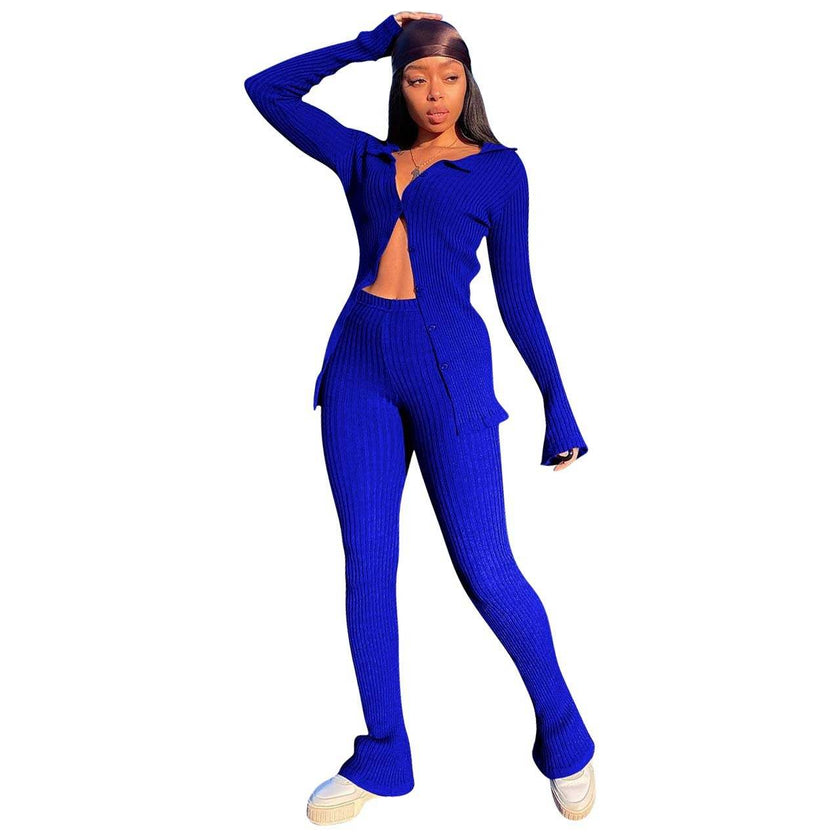 New Fashion Women Casual Slim fit Long sleeve Button down Athleisure wear 2pcs Outfit set
