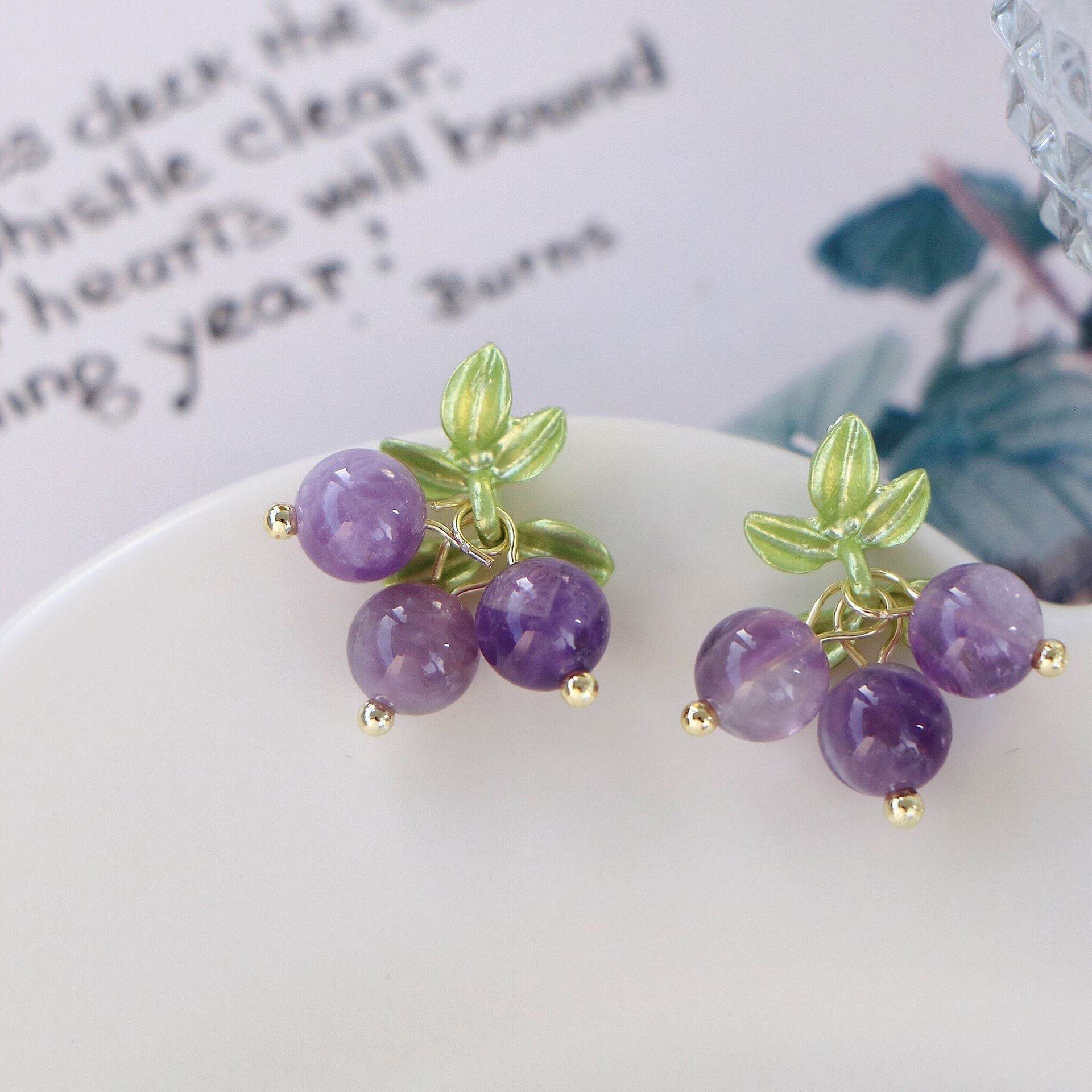 Female Purple Blueberry Fruit Beaded Earrings
