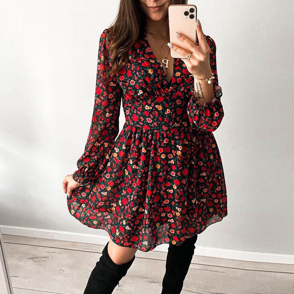 Spring Summer V-neck Long sleeve Floral Mini dress