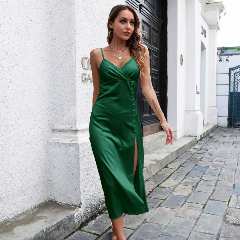Women's Breasted Satin silk V-neck Spaghetti strap Backless Midi Dress cocktail split dress
