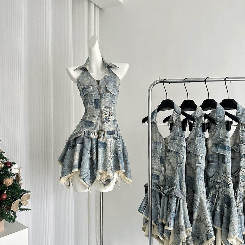 Waist-tight Halter Denim Dress Women's Distressed Retro Slimming Skirt