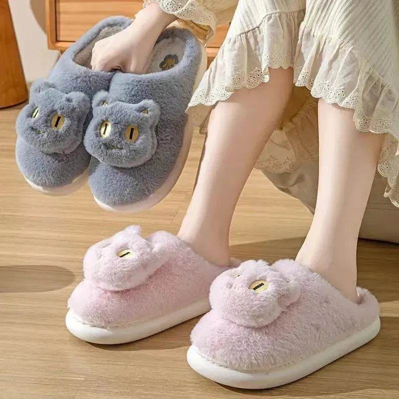 Winter Cotton Cat Slippers Soft Plush Comfy Warm Couple Slip-On House Cute Cat Face Slippers For Winte